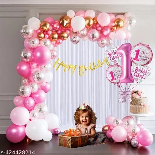 38 Pcs 1st Birthday Decoration Combo Kit for Girls, Multicolour, Set of 1