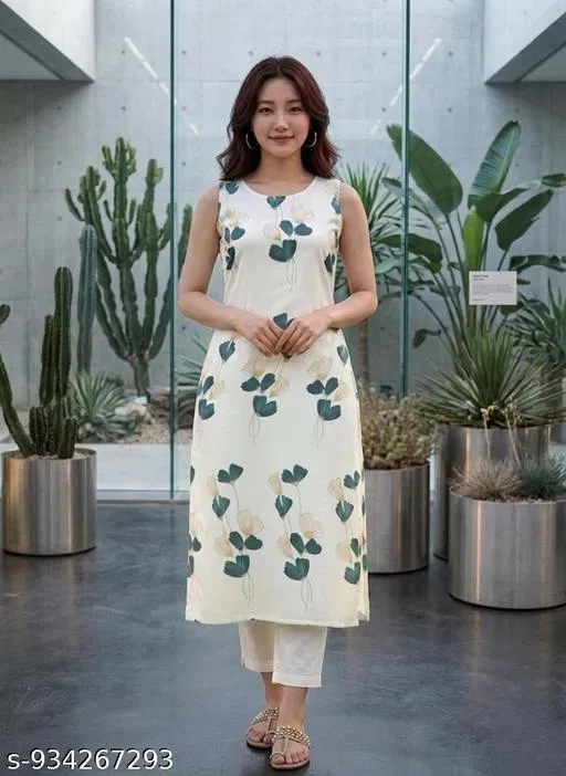 Floral Design Kurti for Women (White, L)