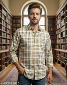 Cotton Blend Checkred Shirt for Men, Cream 