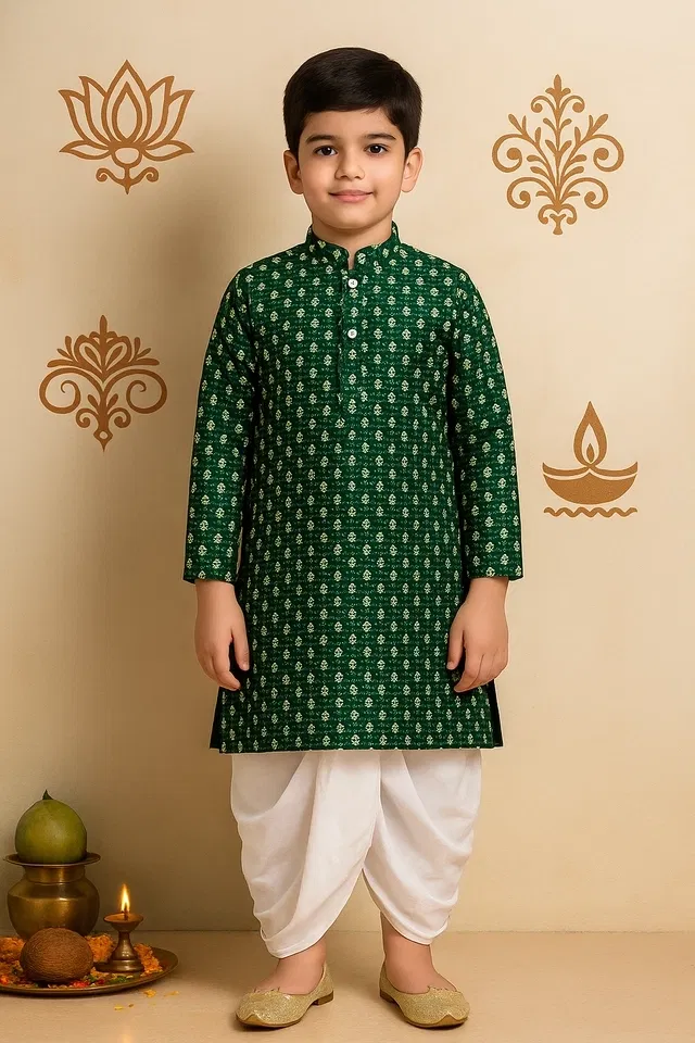 Dupion Silk Printed Kurta with Dhoti for Boys, Bottle Green & White (7-8 Years)