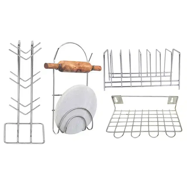 Stainless Steel Cup Stand & Plate Stand with Chakla Belan Stand & Utensil Holder (Set of 4, Silver)