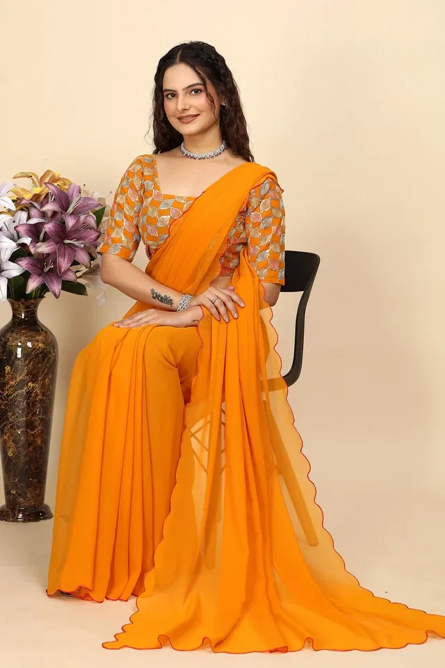 Georgette Woven Design Saree for Women (Yellow, 6.3 m)