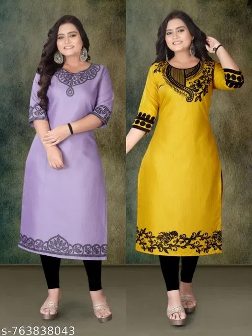 Solid Embroidered Rayon Kurti for Women, Pack of 2 (Yellow, L)