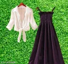 Poly Crepe Dress for Women (Purple & White, XL)