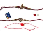 Combo of Metal 3 Pcs Rakhi, Bracelet, Greeting Card & Roli Chawal 