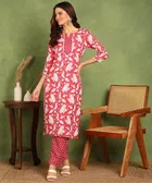Rayon Printed Kurti with Pant for Women (Pink, S)