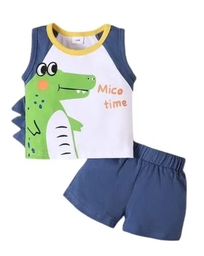 Cotton Printed Clothing Set for Boys (Blue & White, 2-3 Years)