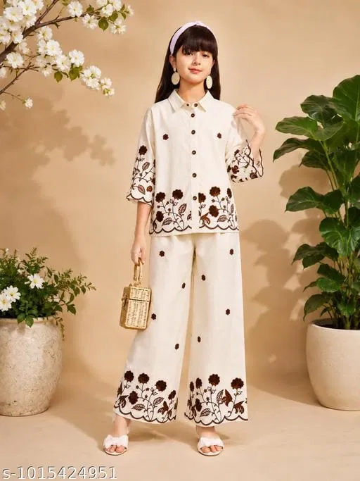 Cotton Linen Embroidered Floral Co-Ord Set for Girls (Cream, 12-13 Years)