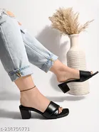 Shoetopia Black Synthetic Block Heel Square Toe Sandals 