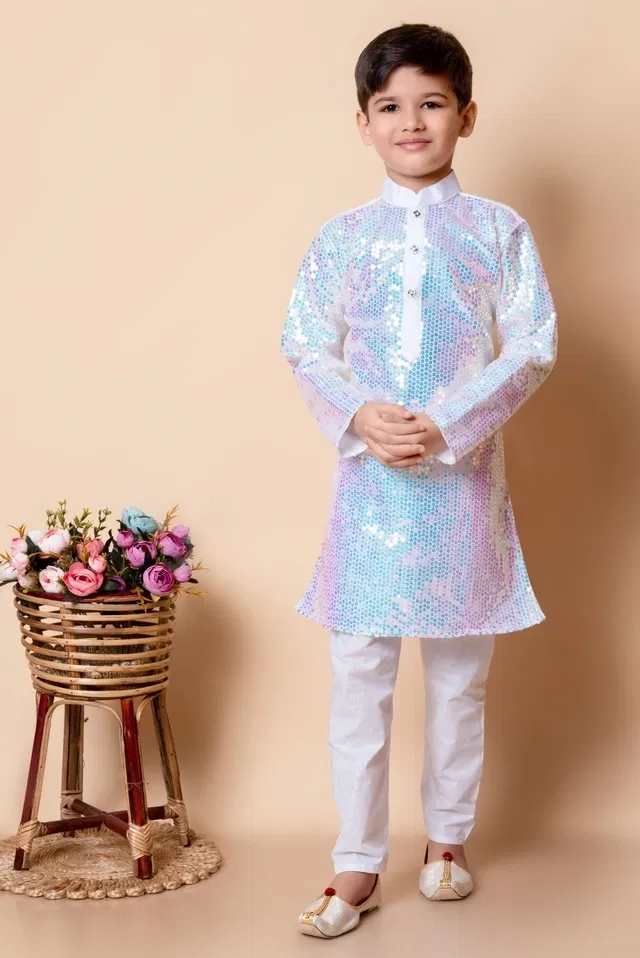 Dupion Silk Embellished Kurta with Payjama for Boys, White (6-12 Months)