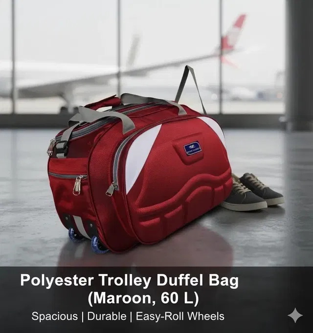 Polyester Trolley Duffel Bag (Maroon, 60 L)