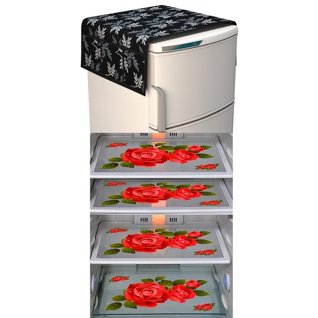 PVC Printed Refrigerator Top Cover & Mats (Multicolor, Set of 5)