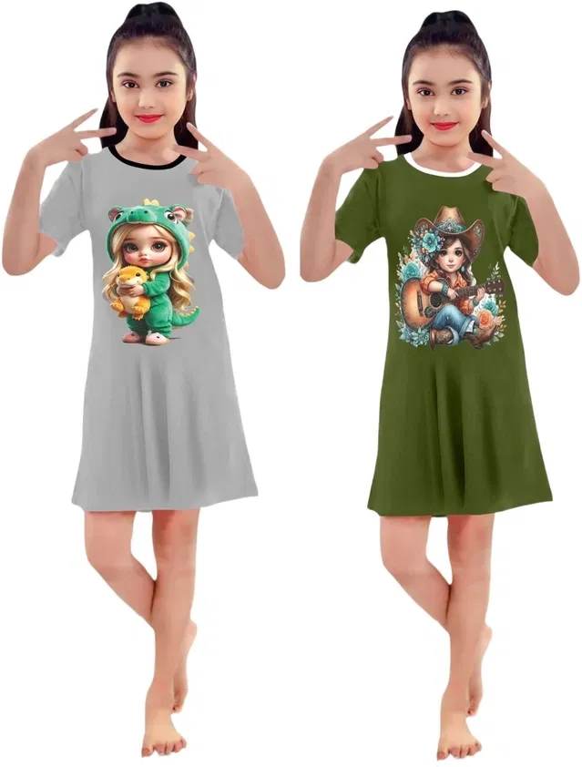 Graphic Print Shift Dress for Girls, Pack of 2 (Grey & Olv, 3-4 Y)
