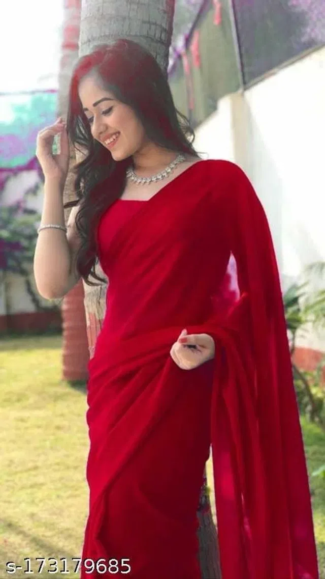 Georgette Solid Saree for Women (Red, 6.3 m)
