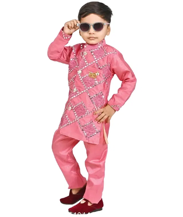 Art Silk Kurta with Pant for Boys (Pink, 2-3 Years)