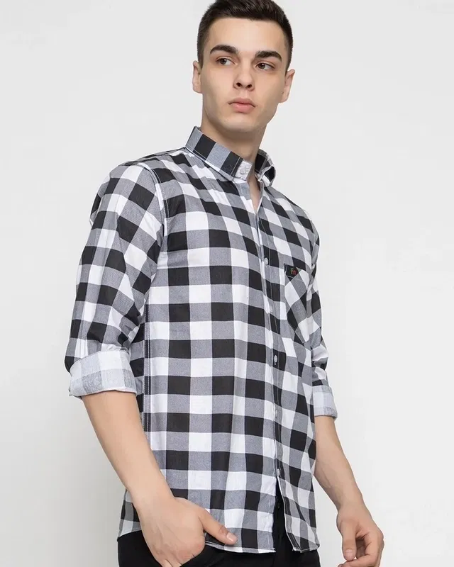 FREANKMEN Casual Cotton Men Checkered Shirt (Black, L) (DC-15)