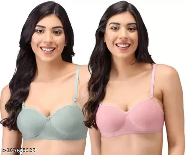 Cotton Blend Solid Padded Bra for Women (Olive & Pink, 38B) (Pack of 2)