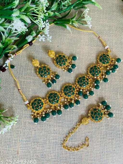 Kundan Pearl Etnic Choker Set for Women (Green, Free Size)