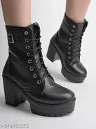Shoetopia Solid Synthetic Block Heel Boots Black 