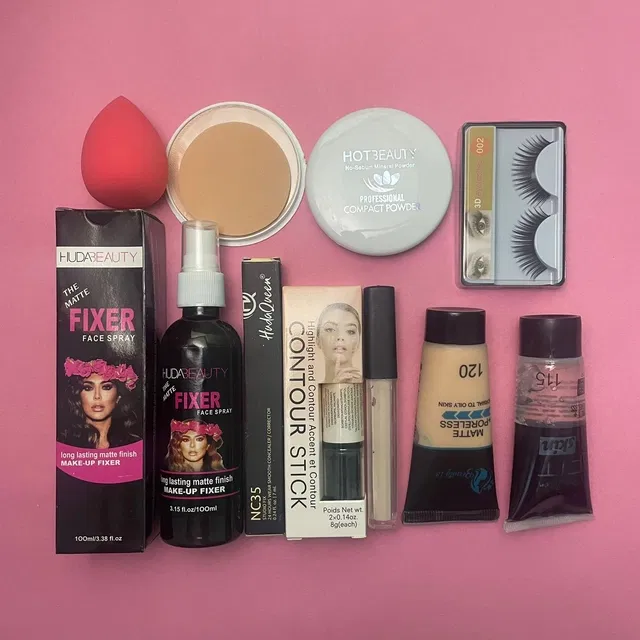 Combo of Fixer, Primer, Shimmer Liquid Highlighter, Foundation, Concealer, Compact Powder, Washable Puff & Eye Lashes for Women (Multicolor, Set of 10)