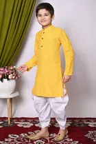 Rayon Cotton Embellished Kurta with Dhoti for Boys, Yellow & White 
