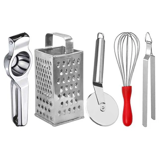 Oc9 Stainless Steel Lemon Squeezer & 4 in 1 Grater Or Slicer & Pizza Cutter & Egg Whisk & Roti Chimta Kitchen Tool Set (O-144)
