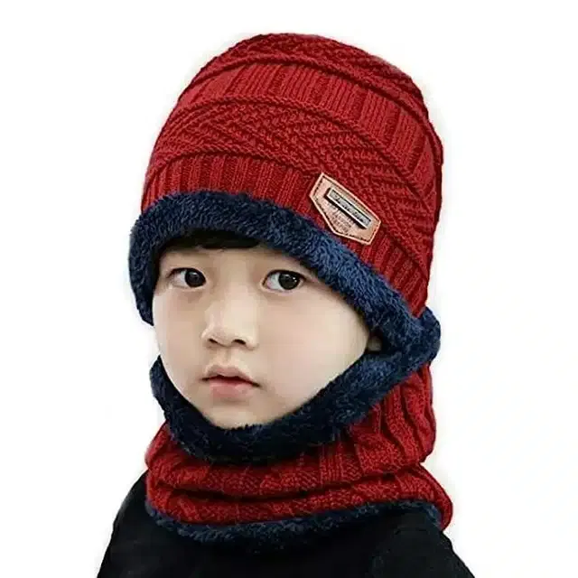 Winter Cap with Neck Warmer for Boys (Red, 7-14 Years) (Set of 1)
