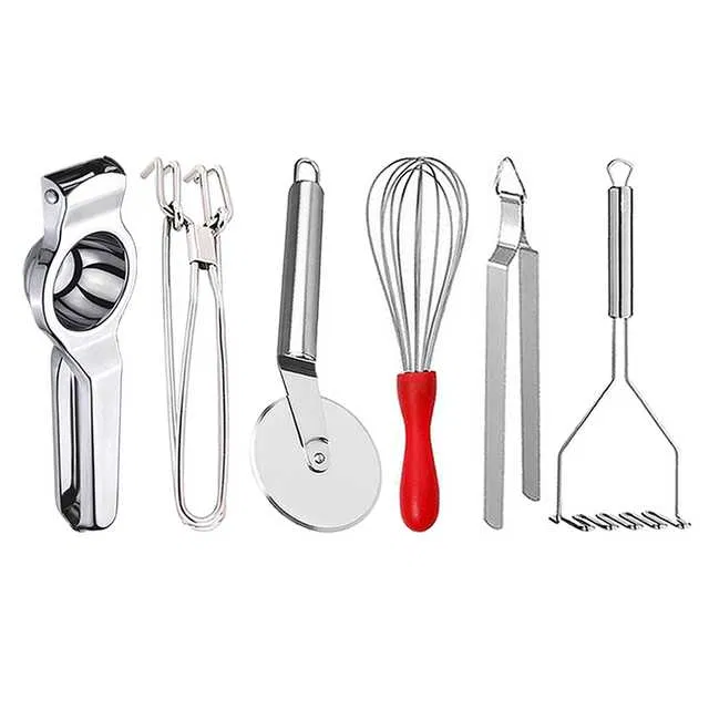 Stainless Steel Lemon Squeezer & Pakkad & Pizza Cutter & Egg Whisk & Roti Chimta & Potato Masher For Kitchen (Set of 6) (OC-054)
