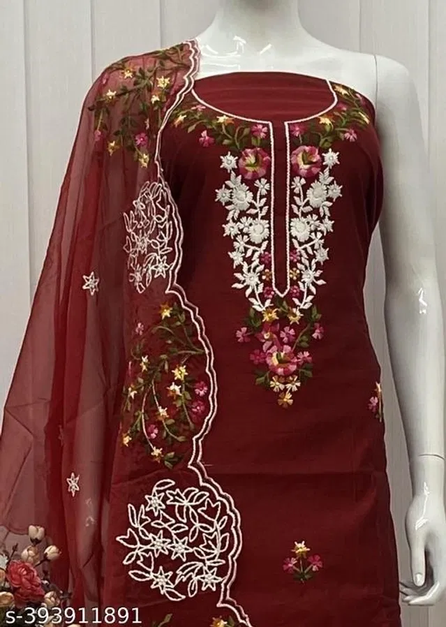 Embroidered Unstitched Suit for Women (Maroon, 2.25 m)