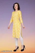 Polycotton Printed Kurti for Women, Yellow 