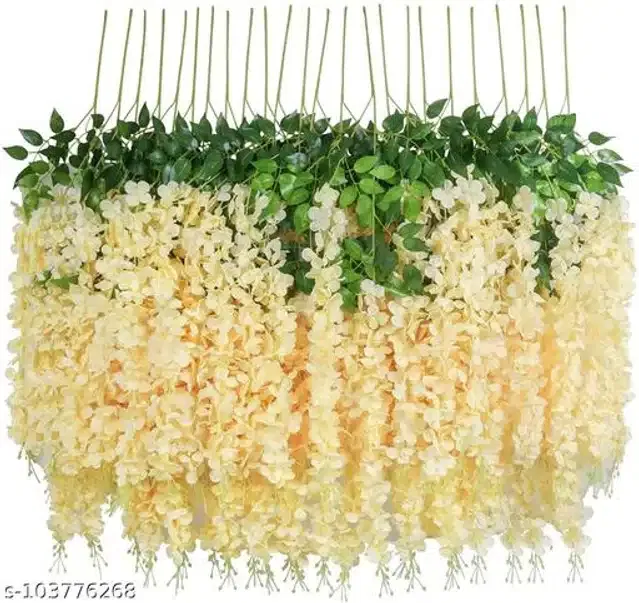 Polyester Artificial Hanging Flower Garlands (Cream & Green, Pack of 4)