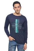 Round Neck Printed T-Shirt for Men (Navy Blue, M)