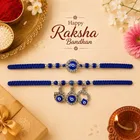 Premium Bhaiya Bhabhi Rakhi Set with Decorative Gift Box – Triple Evil Eye Design, Dark Blue