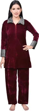 Velvet Solid Nightsuit for Women (Wine, M)