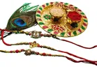 Metal 3 Pcs Rakhi with 4.5 inch Plate & Roli Chawal 