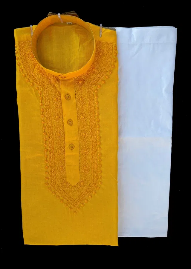 Cotton Embroidered Kurta with Pyjama for Men (Yellow & White, XL)