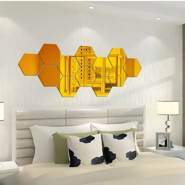 Acrylic Hexagon Shaped Wall Mirror Stickers (Gold, Pack of 12)
