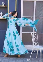 Georgette Printed Gown with Dupatta for Women 