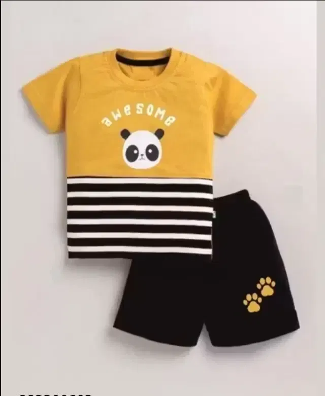 Panda Print Hosiery Cotton Clothing Set for Kids, Yellow & Black (12-18 Month)