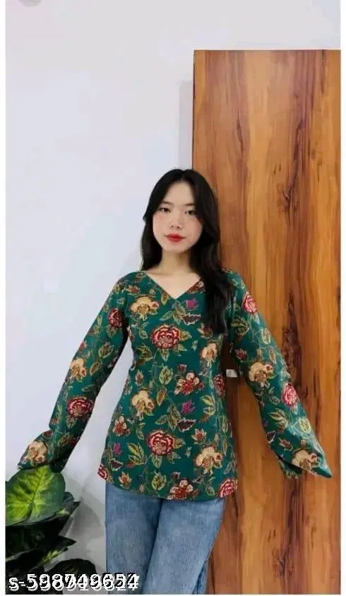 Cotton Printed Short Kurti for Women, Green (L)