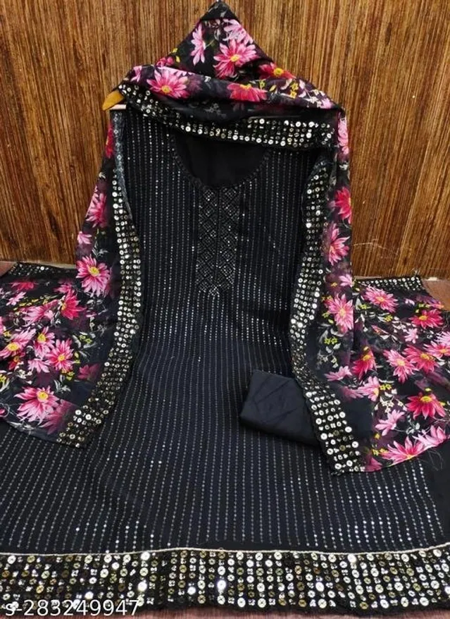 Embroidered Unstitched Suit for Women (Black & Pink, 2.25 m)