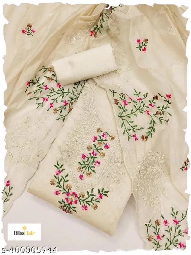 Embroidered Unstitched Suit for Women (Cream, 2.25 m)