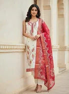Cotton Silk Embellished Unstitched Suits Fabric for Women, White & Red