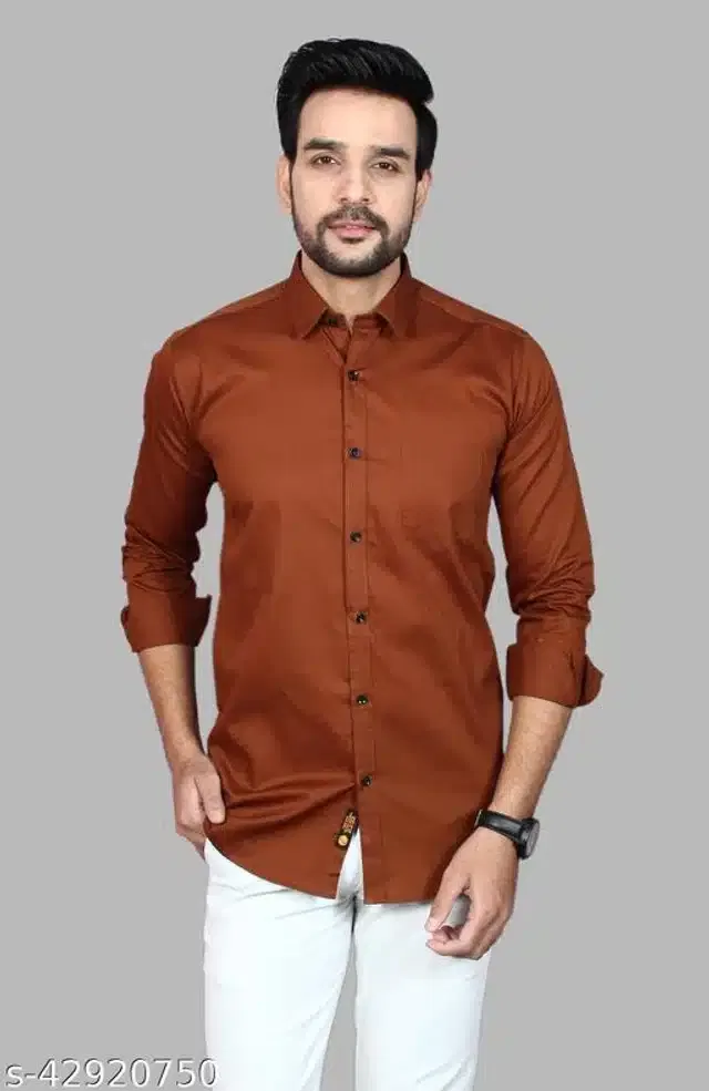 Cotton Blend Full Sleeves Shirt for Men (Brown, M)
