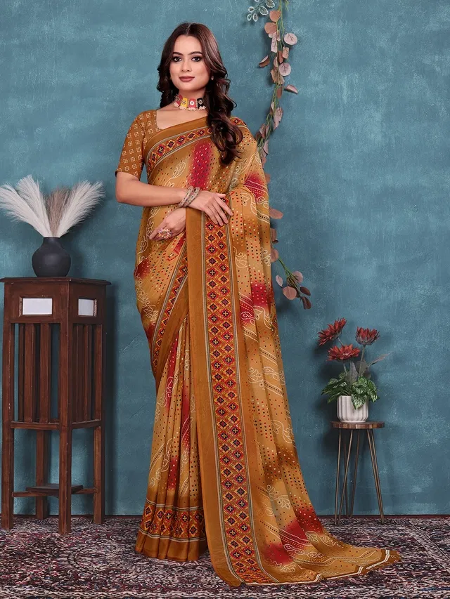 Georgette Printed Saree for Women (Mustard, 6.3 m)