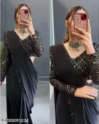 Georgette Solid Saree for Women, Black 