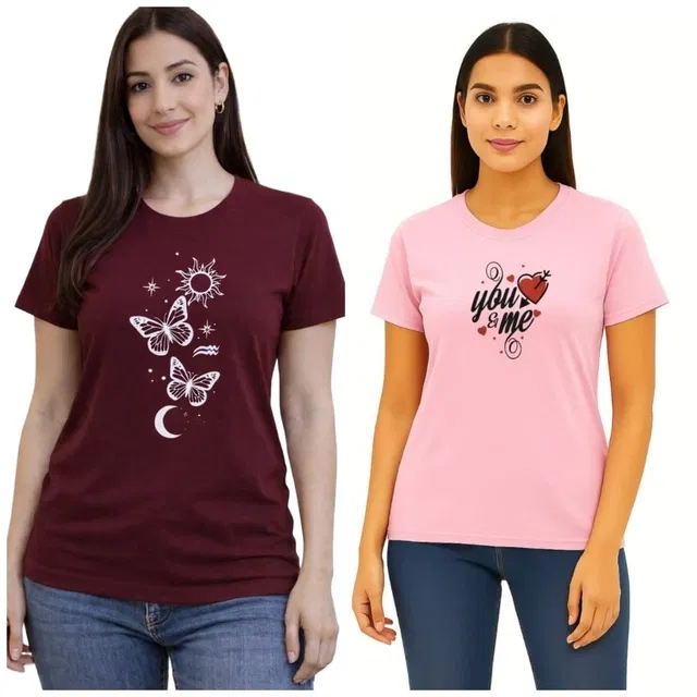 Cotton Blend T-shirt for Women, Pink & Maroon, Pack of 2 (M)