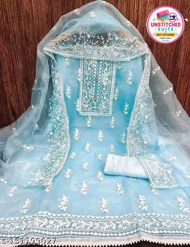 Organza Embroidered Unstitched Suits Fabric for Women (Sky Blue)