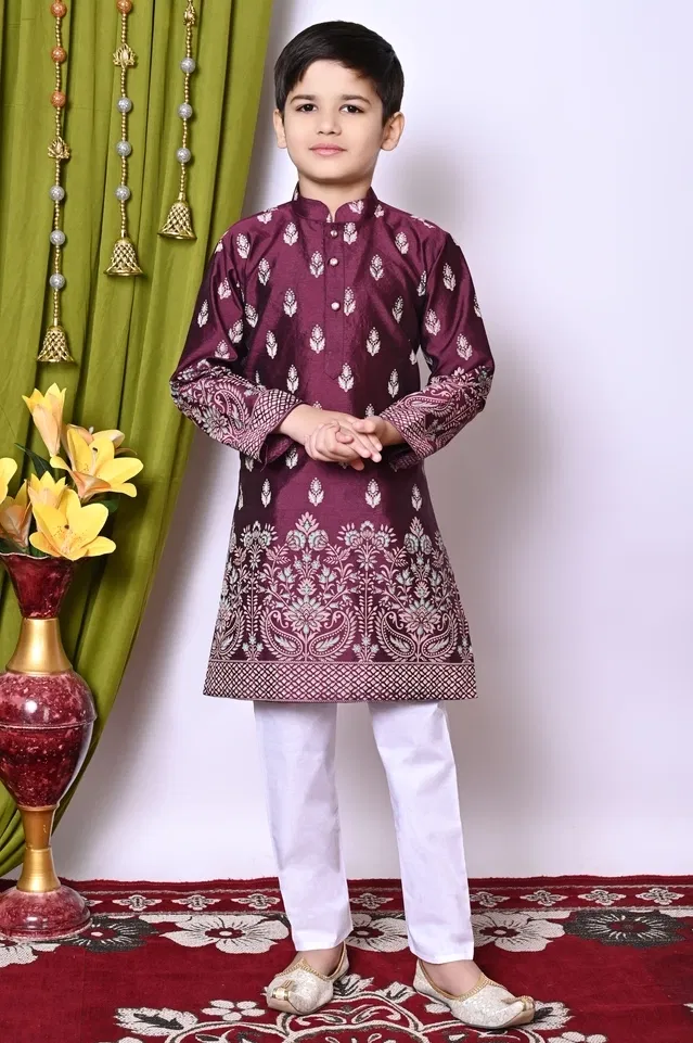 Dupion Silk Printed Kurta with Payjama for Boys, Wine & White (9-10 Years)