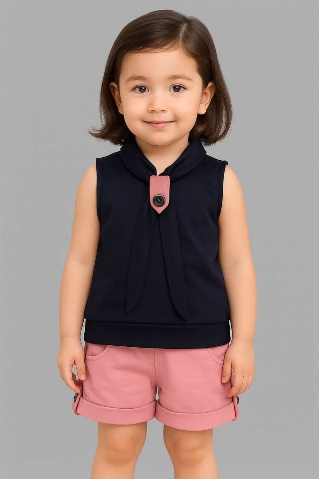 Polyester Printed Clothings Set for Girls (Black & Peach, 18)